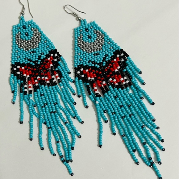 Last 2! Aqua Beaded Moon Butterfly Tassel Boho Earrings! - Picture 4 of 6